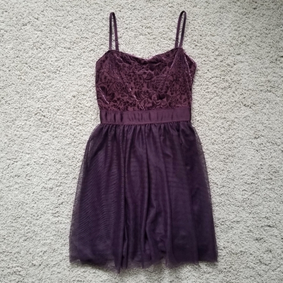 Garage Burnout Velvet & Tulle Mini Dress in Eggplant - Picture 1 of 10
